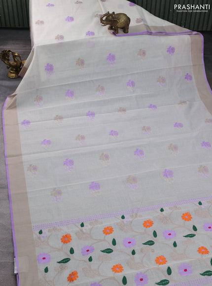 Handloom kota saree off white and lavender with floral thread woven buttas and simple border