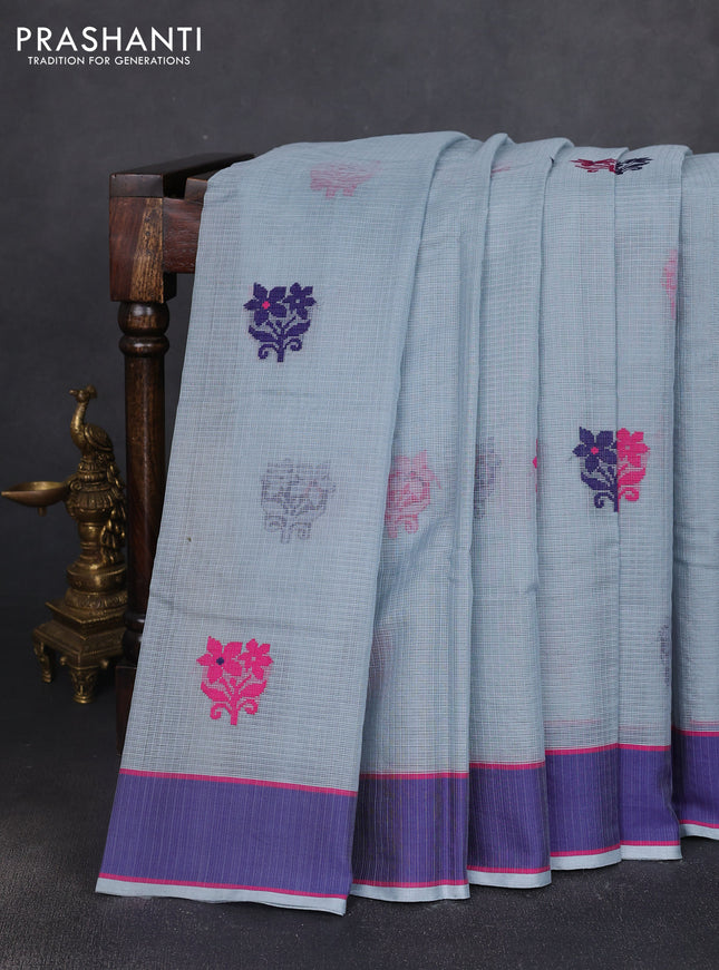 Handloom kota saree grey and dark blue with floral thread woven buttas and rettapet border