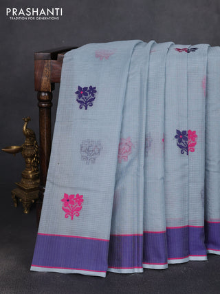 Handloom kota saree grey and dark blue with floral thread woven buttas and rettapet border