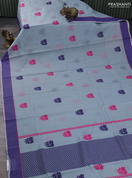 Handloom kota saree grey and dark blue with floral thread woven buttas and rettapet border