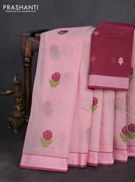 Handloom kota saree mild peach and maroon with floral thread woven buttas and rettapet border