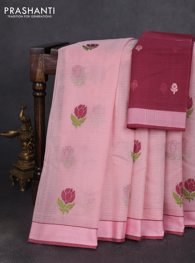 Handloom kota saree mild peach and maroon with floral thread woven buttas and rettapet border