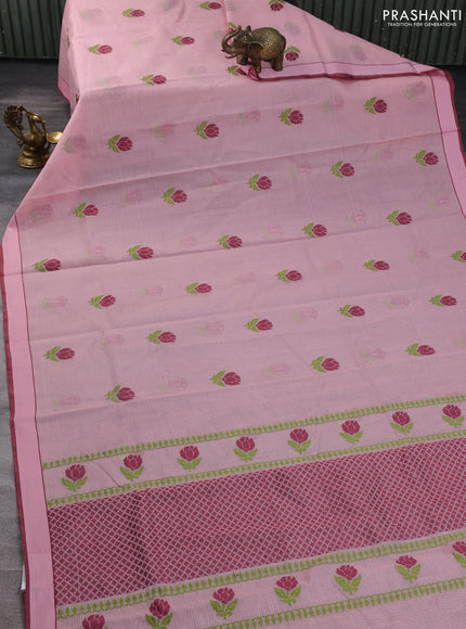 Handloom kota saree mild peach and maroon with floral thread woven buttas and rettapet border