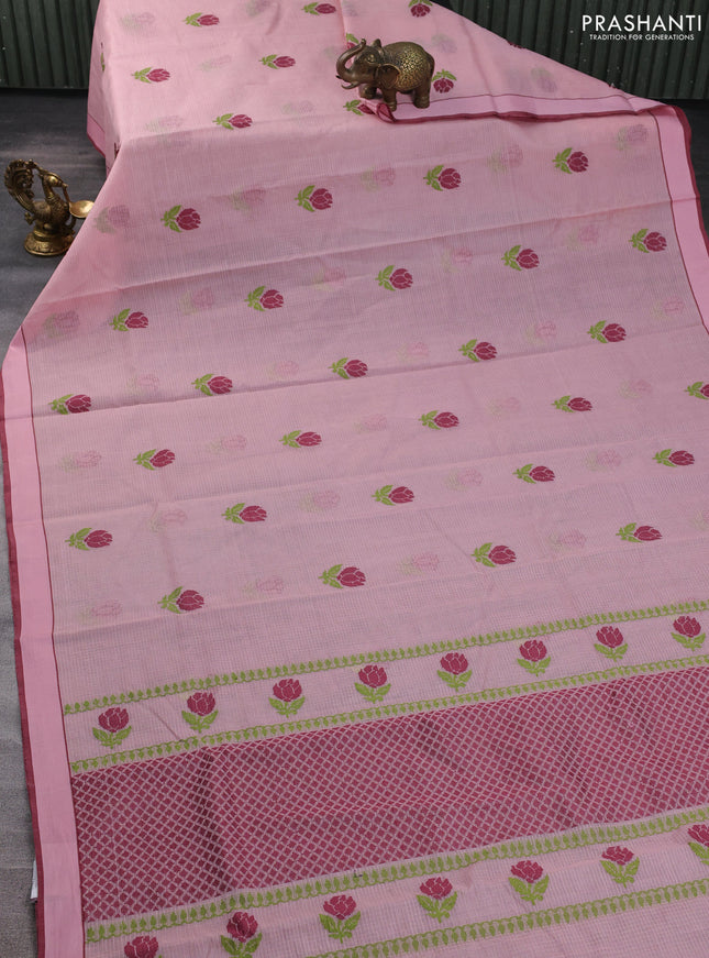 Handloom kota saree mild peach and maroon with floral thread woven buttas and rettapet border