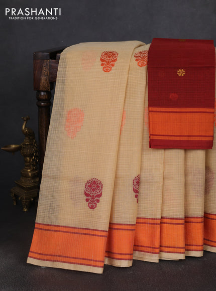 Handloom kota saree sandal and orange maroon with thread woven buttas and rettapet border