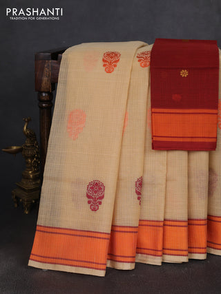 Handloom kota saree sandal and orange maroon with thread woven buttas and rettapet border