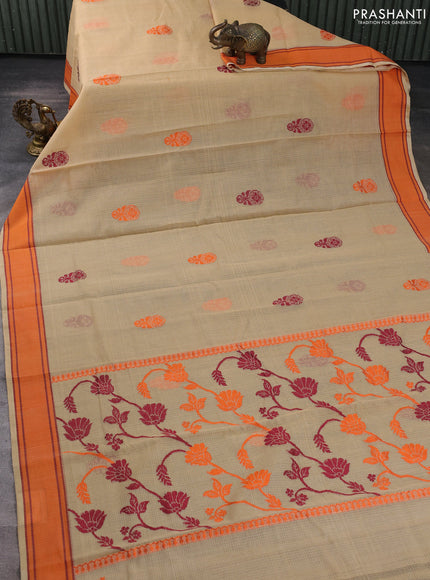 Handloom kota saree sandal and orange maroon with thread woven buttas and rettapet border
