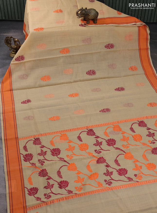 Handloom kota saree sandal and orange maroon with thread woven buttas and rettapet border