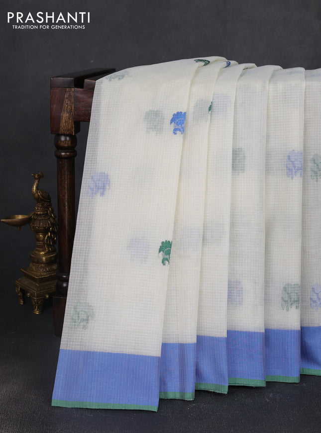 Handloom kota saree cream and blue with floral thread woven buttas and simple border