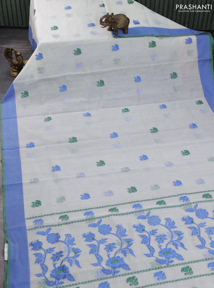 Handloom kota saree cream and blue with floral thread woven buttas and simple border