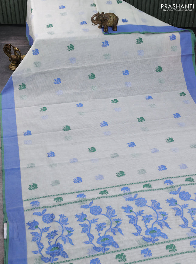 Handloom kota saree cream and blue with floral thread woven buttas and simple border