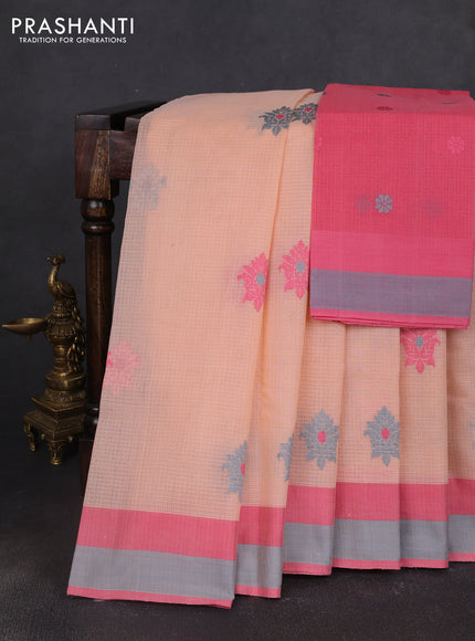 Handloom kota saree peach orange and pink grey with floral thread woven buttas and simple border