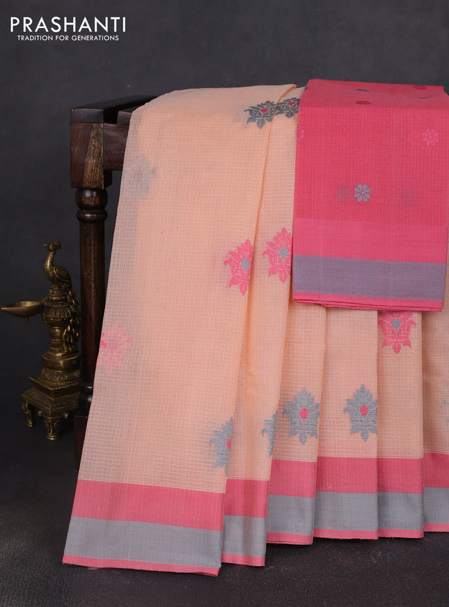 Handloom kota saree peach orange and pink grey with floral thread woven buttas and simple border