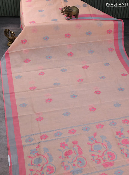 Handloom kota saree peach orange and pink grey with floral thread woven buttas and simple border