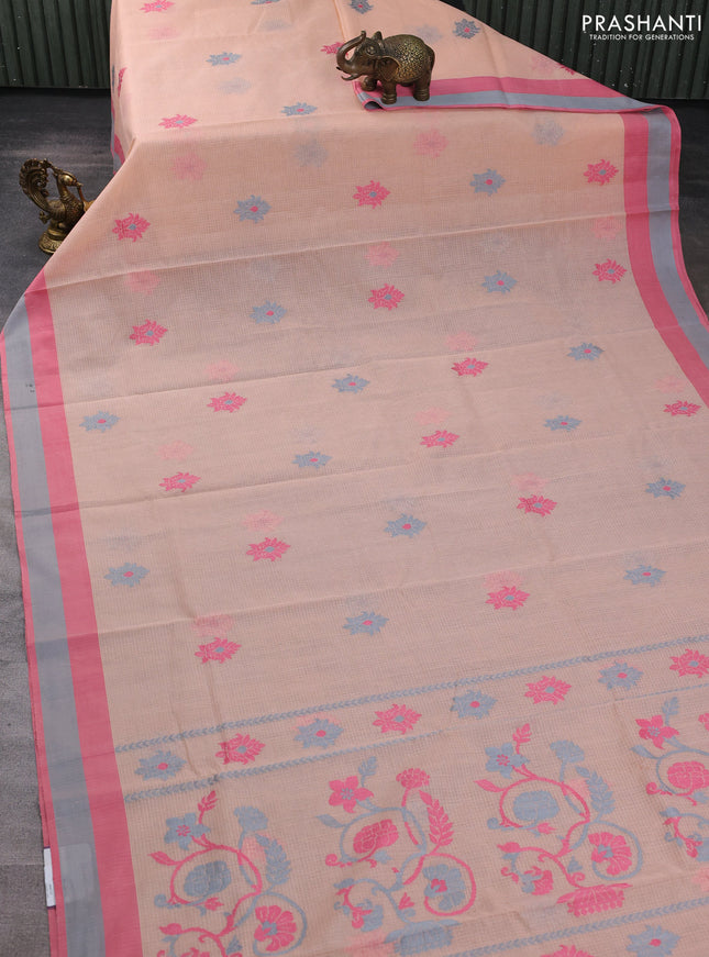 Handloom kota saree peach orange and pink grey with floral thread woven buttas and simple border