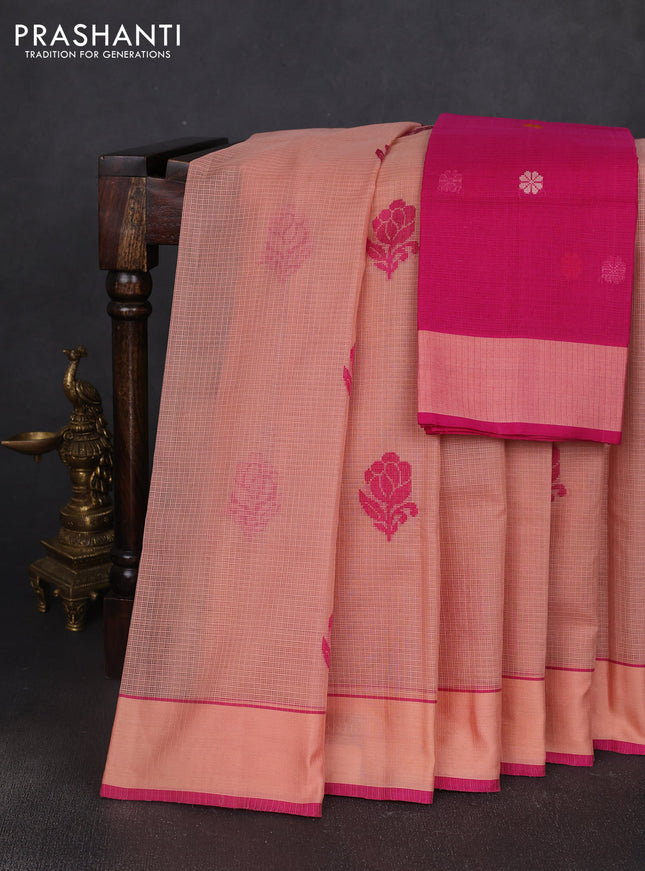 Handloom kota saree pastel peach and pink with floral thread woven buttas and rettapet border
