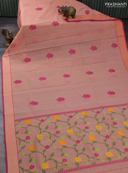 Handloom kota saree pastel peach and pink with floral thread woven buttas and rettapet border