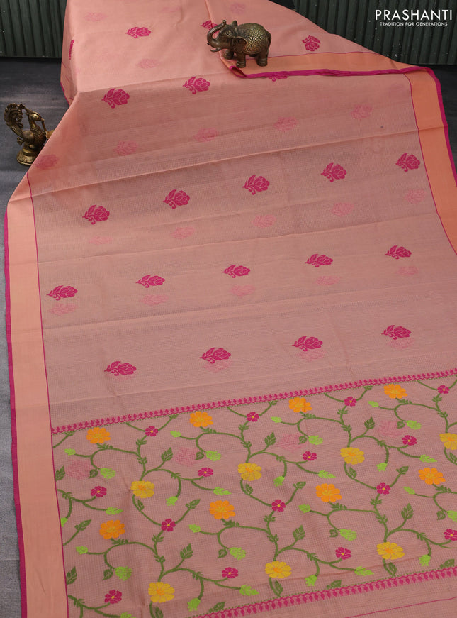 Handloom kota saree pastel peach and pink with floral thread woven buttas and rettapet border