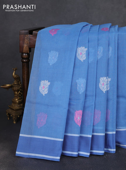 Handloom kota saree blue shade with floral thread woven buttas and rettapet border