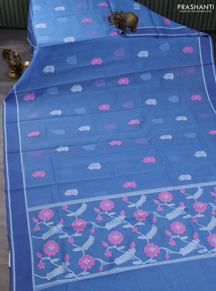 Handloom kota saree blue shade with floral thread woven buttas and rettapet border