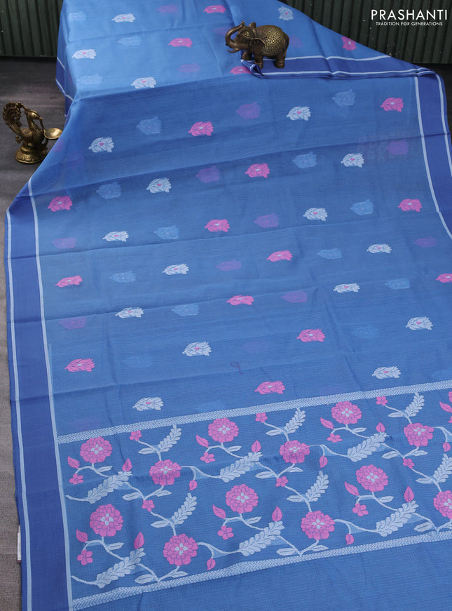 Handloom kota saree blue shade with floral thread woven buttas and rettapet border