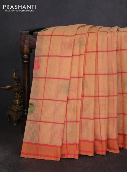 Handloom kota saree pale orange and rustic orange with allover checks & thread buttas and rettapet border