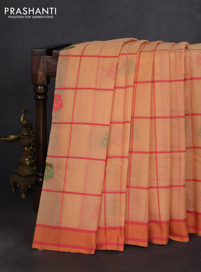 Handloom kota saree pale orange and rustic orange with allover checks & thread buttas and rettapet border