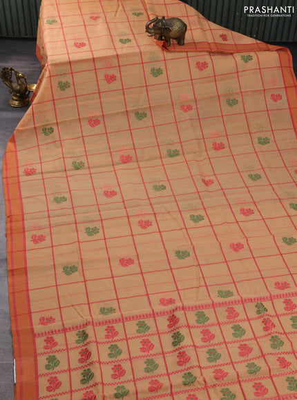 Handloom kota saree pale orange and rustic orange with allover checks & thread buttas and rettapet border