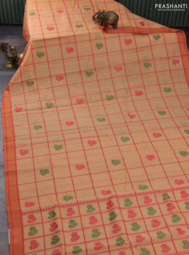 Handloom kota saree pale orange and rustic orange with allover checks & thread buttas and rettapet border