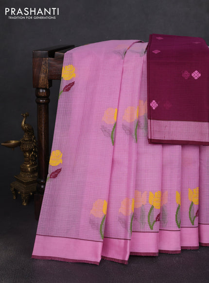 Handloom kota saree light pink and wine shade with floral thread woven buttas and rettapet border