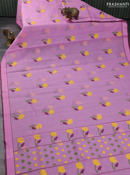 Handloom kota saree light pink and wine shade with floral thread woven buttas and rettapet border