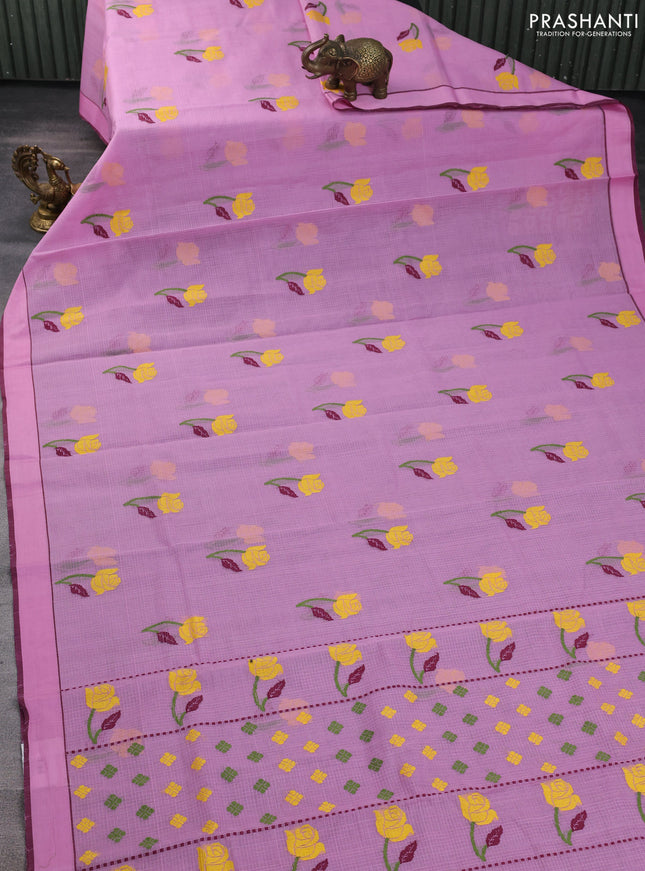 Handloom kota saree light pink and wine shade with floral thread woven buttas and rettapet border