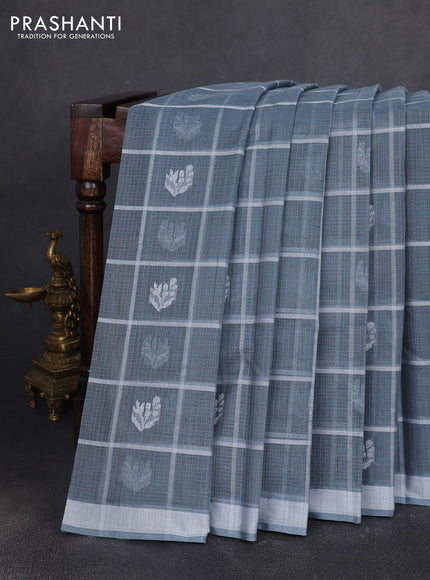 Handloom kota saree grey and pastel grey with allover checks & thread buttas and simple border