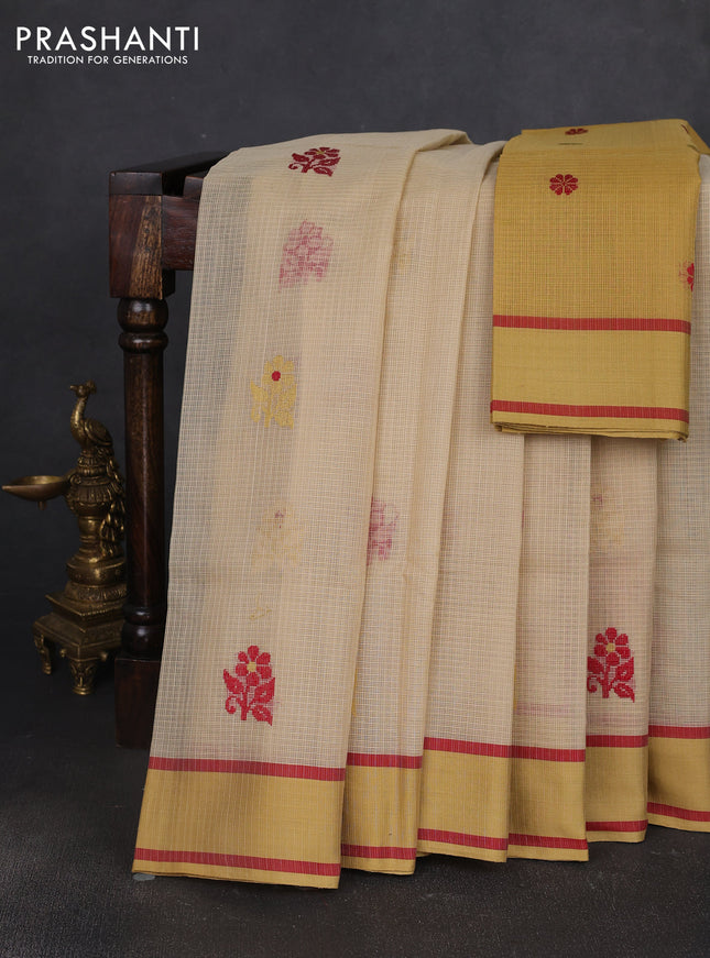 Handloom kota saree sandal maroon and mustard shade with floral thread woven buttas and rettapet border