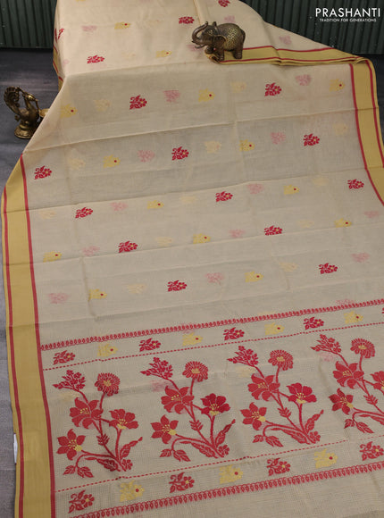Handloom kota saree sandal maroon and mustard shade with floral thread woven buttas and rettapet border