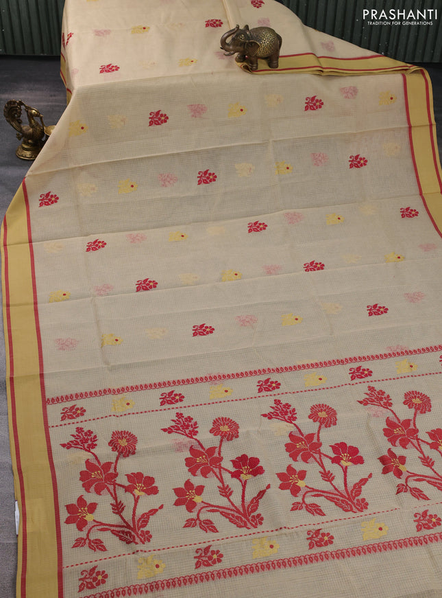 Handloom kota saree sandal maroon and mustard shade with floral thread woven buttas and rettapet border