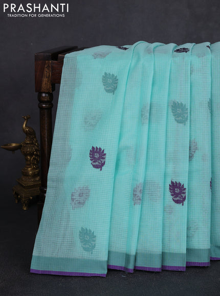 Handloom kota saree teal blue and violet with thread woven buttas and simple border