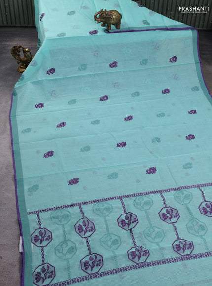 Handloom kota saree teal blue and violet with thread woven buttas and simple border