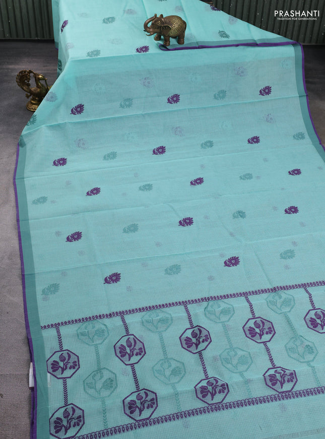 Handloom kota saree teal blue and violet with thread woven buttas and simple border