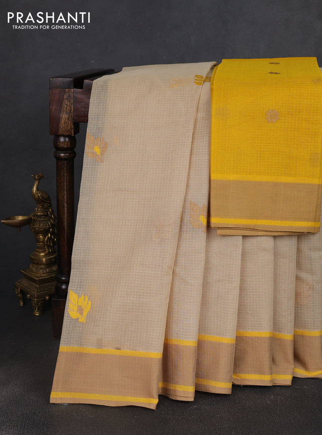Handloom kota saree beige and sandal yellow with thread woven buttas and rettapet border