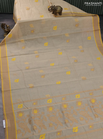 Handloom kota saree beige and sandal yellow with thread woven buttas and rettapet border