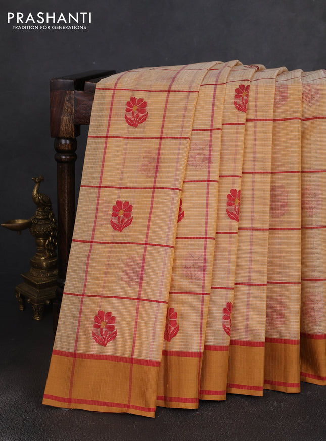 Handloom kota saree sandal and dark mustard maroon with allover checks & thread buttas and rettapet border