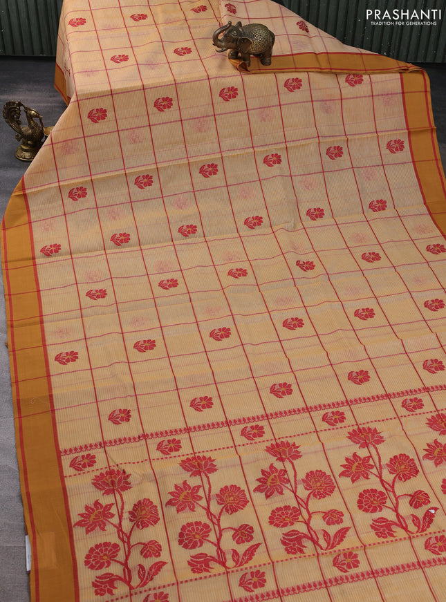 Handloom kota saree sandal and dark mustard maroon with allover checks & thread buttas and rettapet border