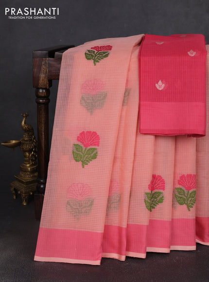 Handloom kota saree peach shade and peach pink with floral thread woven buttas and simple border
