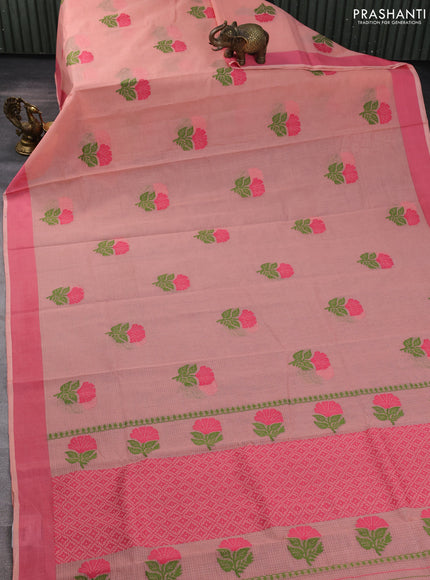 Handloom kota saree peach shade and peach pink with floral thread woven buttas and simple border
