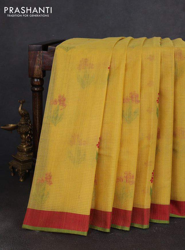 Handloom kota saree mustard yellow and maroon green with floral thread woven buttas and simple border
