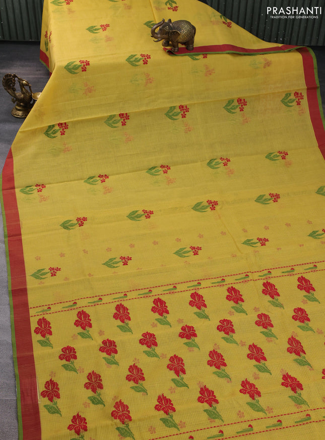 Handloom kota saree mustard yellow and maroon green with floral thread woven buttas and simple border