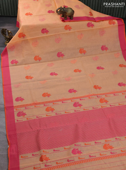 Handloom kota saree pale orange and pink with floral thread woven buttas and simple border