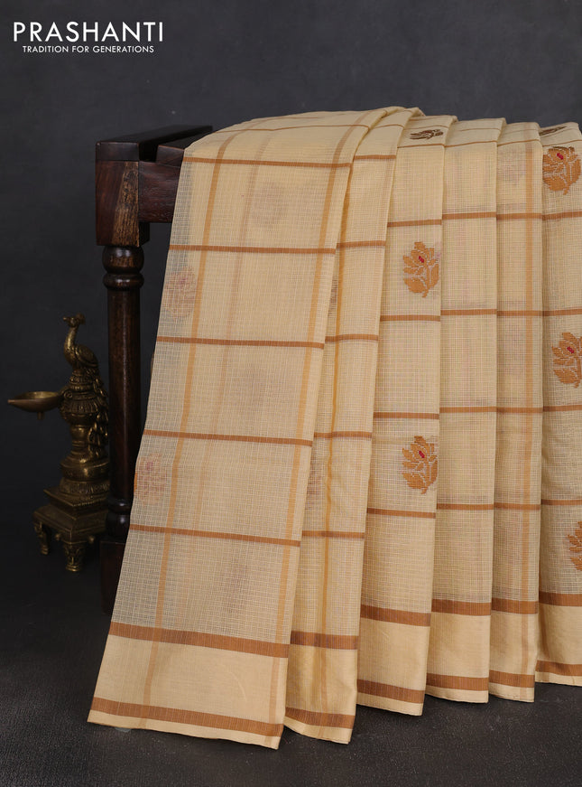 Handloom kota saree beige and dark sandal with allover checks & thread buttas and rettapet border