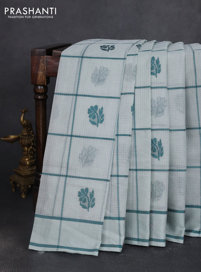 Handloom kota saree pastel blue shade and peacock green with allover checks & thread buttas and rettapet border